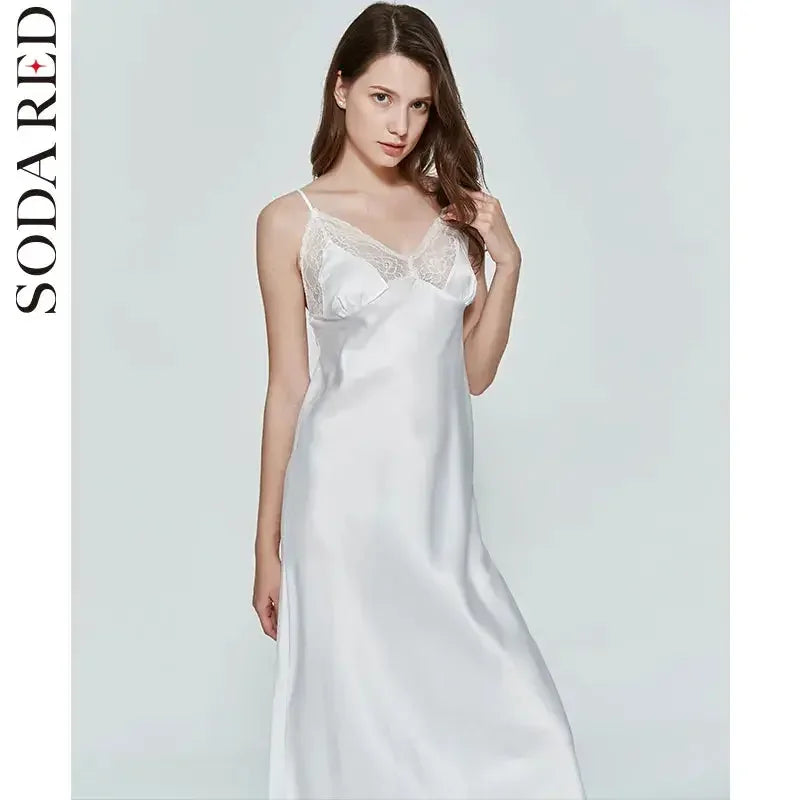 Sexy Women Nightgown Long Night Dress Artificial Silk Stain Deep-V Sleepwear Female Dressing Gown Nightie Nightwear - LUXLIFE BRANDS