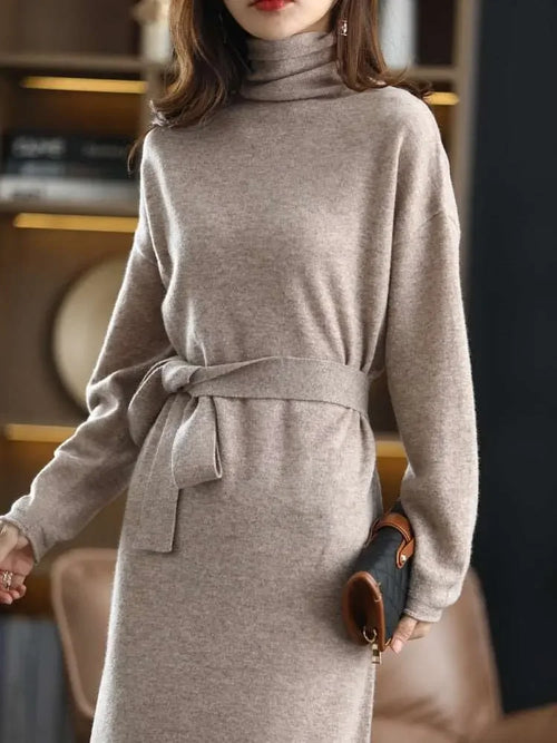 23 The new pullover 100% wool ladies dress solid color long-sleeved knitted fashion slim long high-neck cashmere dress sweater