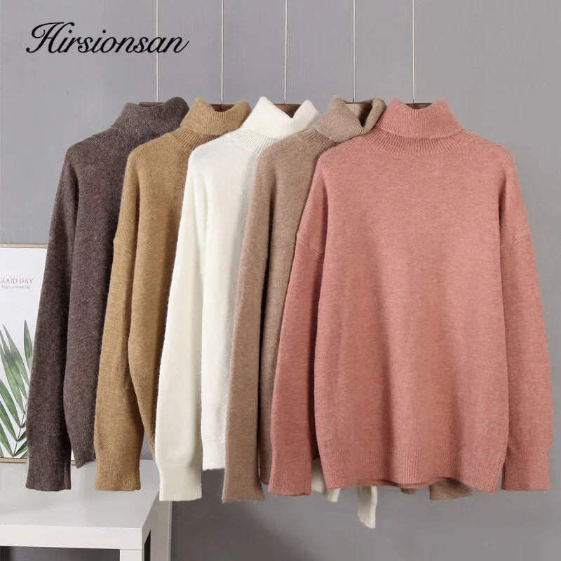 Hirsionsan turtle Neck Solid Cashmere Sweater Women Elegant Soft Warm Female Knitted Pullovers Basic Loose female Jumper LUXLIFE BRANDS