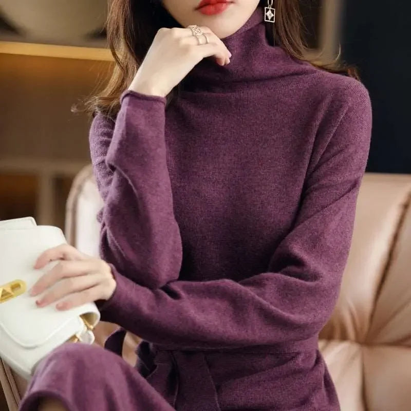 23 The new pullover 100% wool ladies dress solid color long-sleeved knitted fashion slim long high-neck cashmere dress sweater