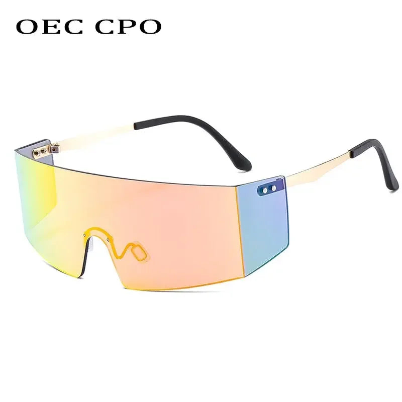 OEC CPO Fashion Rimless Sunglasses Women Men Big Flat Top Glasses Oversized Sunglasses Female Mirror Goggle UV400 O596