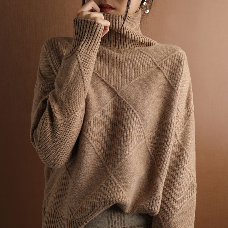 Cashmere sweater women turtleneck sweater pure color knitted turtleneck pullover 100% pure wool loose large size sweater women LUXLIFE BRANDS