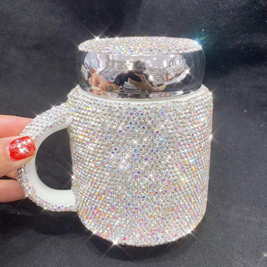 Sparkling Coffee Mug with Lid Ceramic Crystal Rhinestones Tumbler Cup Long Distance Relationship Gifts Milk Water Cups Cute