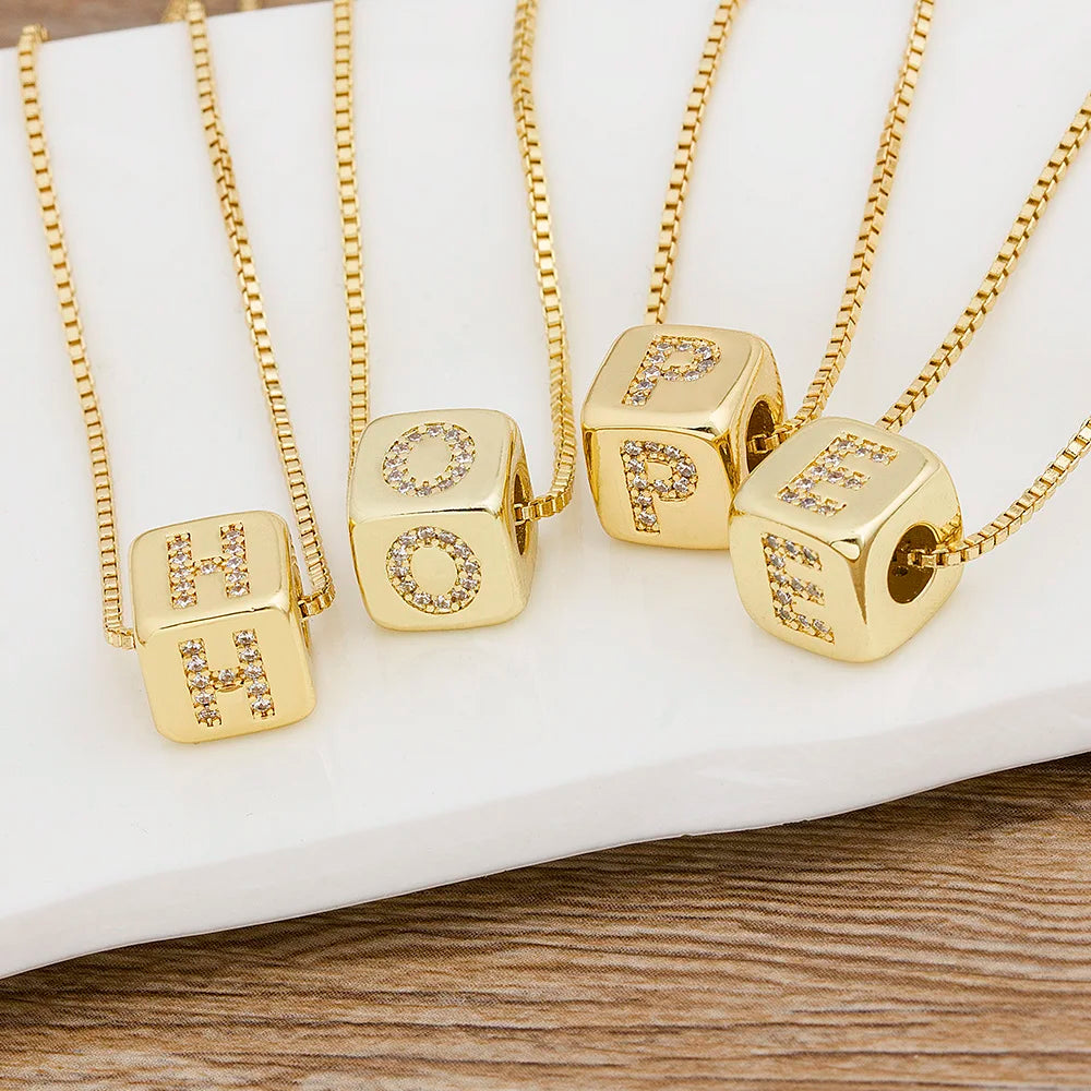 Nidin New Design DIY Alphabet Cube Pendant Necklace Long Chain Letter Necklace For Women Men Initial Family Name Jewelry Gift LUXLIFE BRANDS
