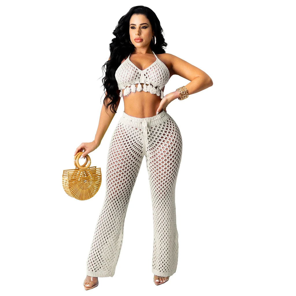 Maui Crochet Halter Crop Top & Pants Beach Set