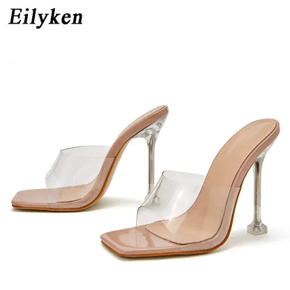 Eilyken New Women Slippers Fashion Transparent Perspex High Heels Female Square Toe Sandals Summer Party Slides Shoes Size 35-42