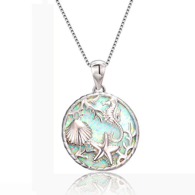 Boho Fashion Sea Animal Dolphin Pendant Necklace for Women Girl Inlay Imitation Blue Opal Necklace Wedding Party Jewelry