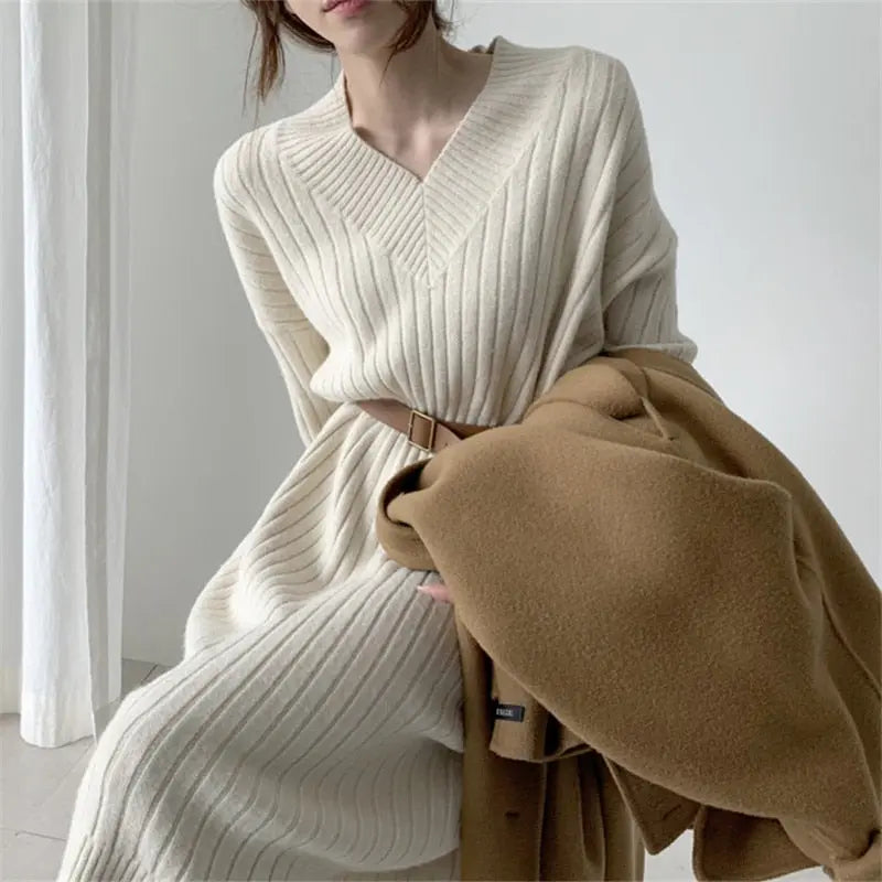 2020 New Autumn Sweater Women Dress Winter Long Sleeve Sweaters Knitted Dresses Womens Loose Maxi Oversize Knitting Robe Vestido