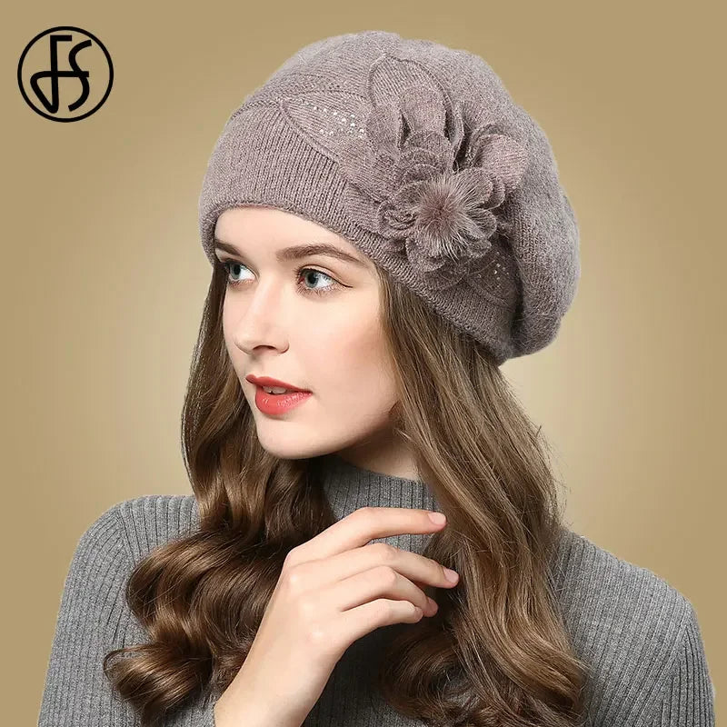 FS Women Berets Knitted Wool Hats Winter Flowers Warm Female Cap Girls Beanies Rabbit Fur Hat Gorros Bonnet Femme Hiver 2020 LUXLIFE BRANDS