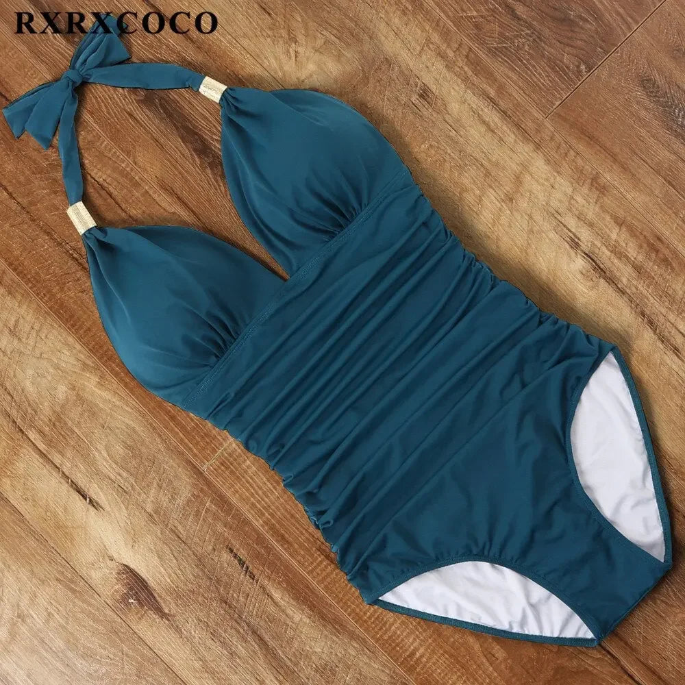 RXRXCOCO Women's Swimsuit One Piece Push Up Swimwear Women Neck Hanging Backless Sexy Bathing Suit Black Blue Beachwear Swimsuit