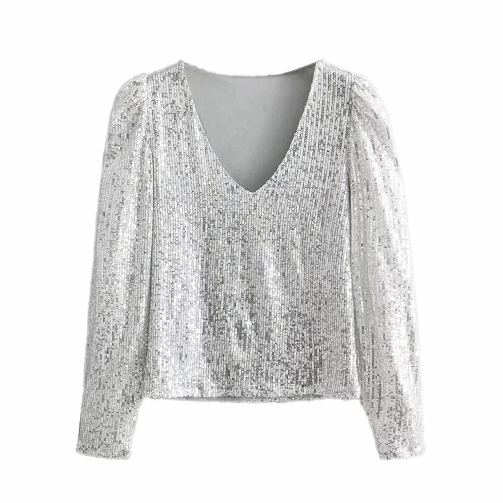 Elegant Women Sequined Tops 2021 Spring Fashion Ladies Vintage Silver Top Party Female Sexy V-Neck Tops Femme Girls Chic Clothes LUXLIFE BRANDS