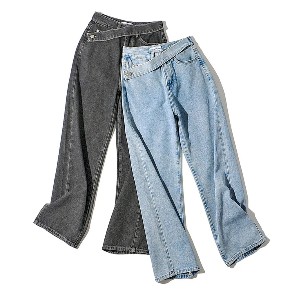 Woman Oblique Belt Jeans High Waist Clothes Wide Leg Denim Clothing Blue Gray Streetwear Vintage Fashion Harajuku Straight Pants LUXLIFE BRANDS