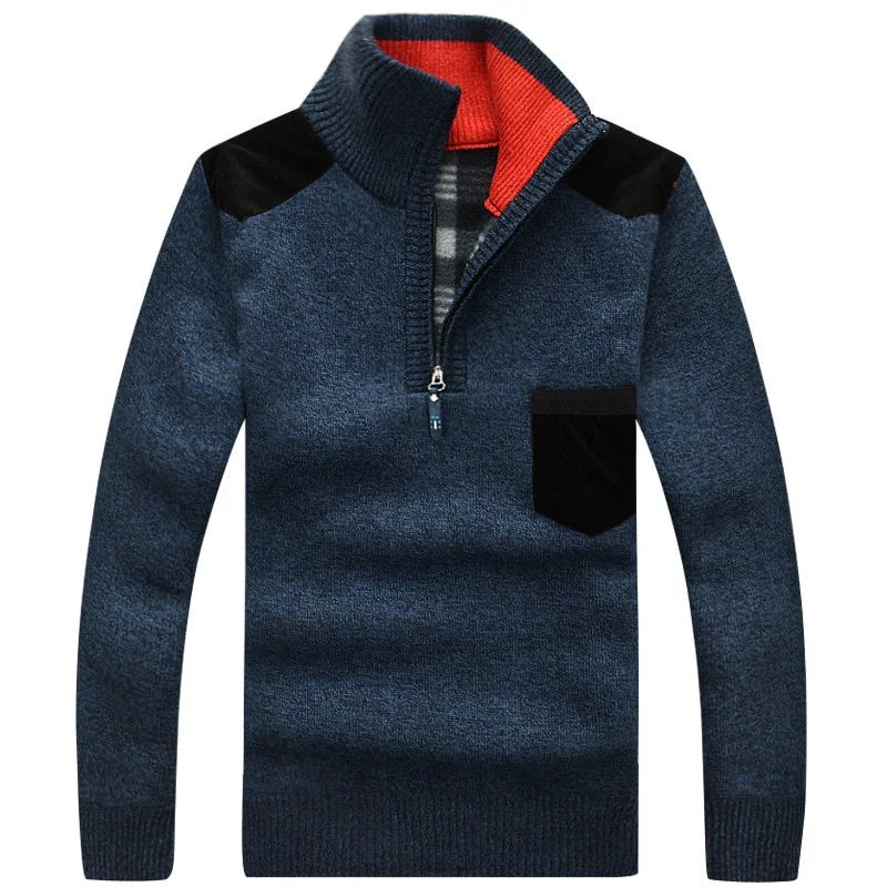 New Winter Mens Pullover Knitted Sweater Male Wool Fleece Thick Casual Pullover Patchwork Warm Pocket Sweater Standing Collar LUXLIFE BRANDS