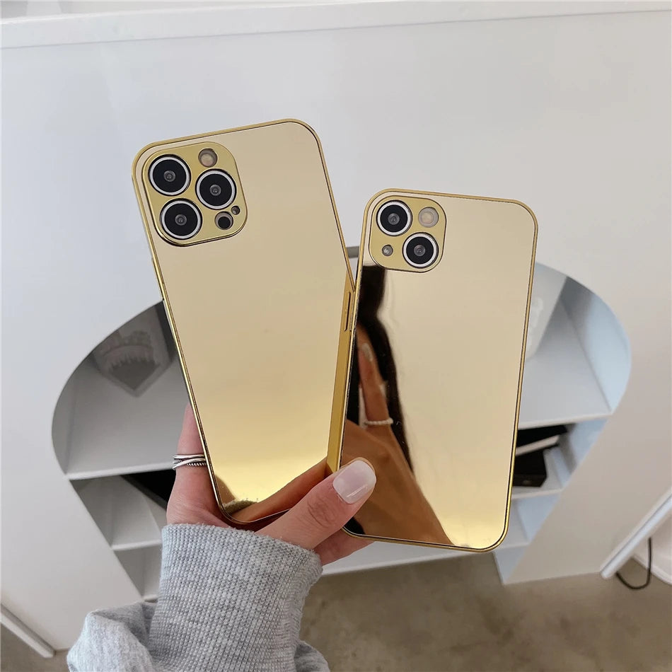 Luxury Glossy Plating Gold Silver Mirror Plain Phone Case for iPhone 16 15 14 13 12 11 Pro XS Max Plus Back Cover Coques