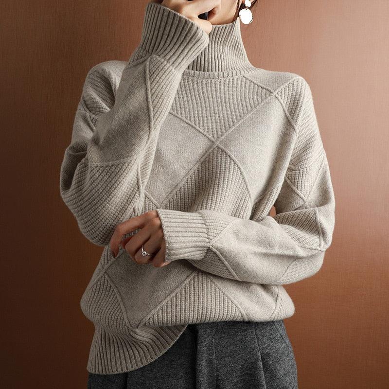 Cashmere sweater women turtleneck sweater pure color knitted turtleneck pullover 100% pure wool loose large size sweater women LUXLIFE BRANDS