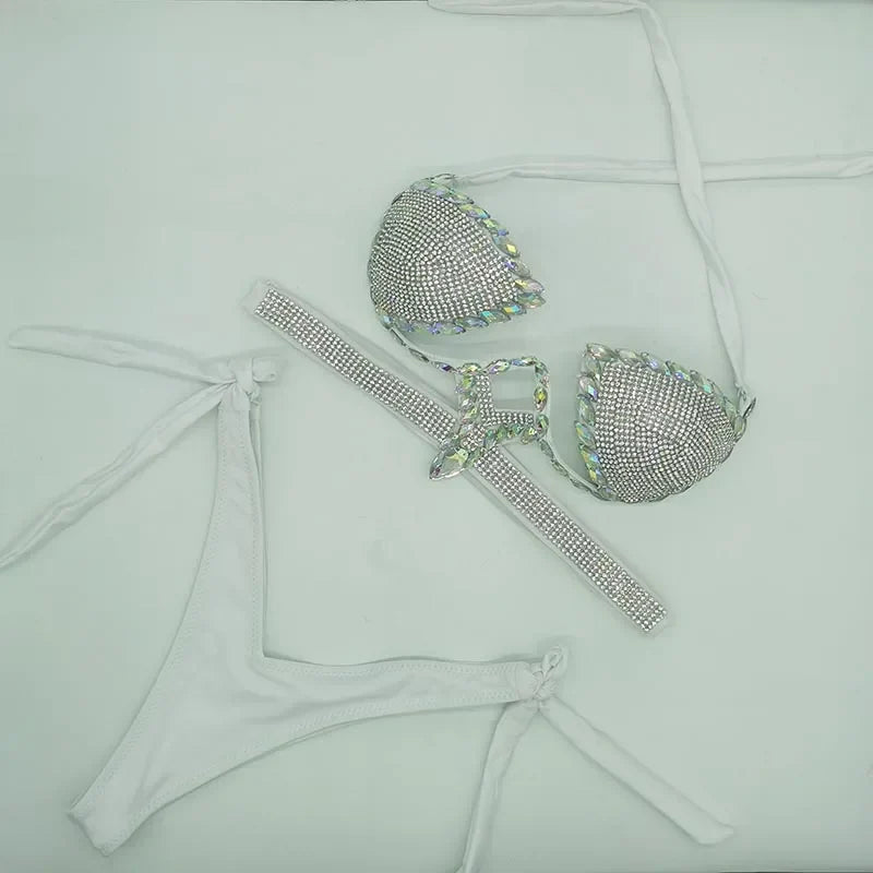 The Stardust Geometric Cross-Strap Bikini – Crystal Lattice Showgirl Set