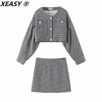 XEASY 2021 Women Vintage Pearl Button Check Gingham Plaid Tweed Blazer Female High Waist A-Line Mini Short Skirts Suit 2 Set