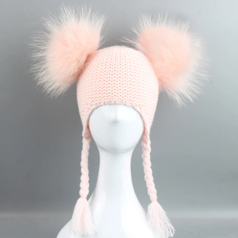 New Autumn Winter Baby Kids Beanie 15 CM Real Fur Pompom Hat For Children Warm Wool Knitted Earflap Cap LUXLIFE BRANDS