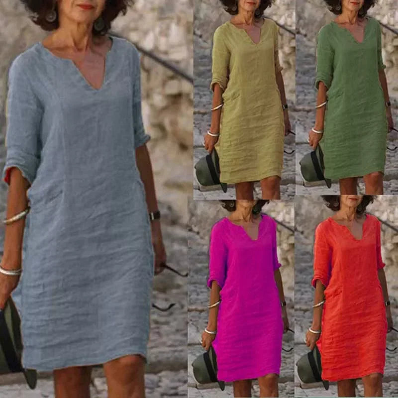 Vintage Women Solid Mini Dress Summer Fashion V-neck Three Quater Sleeve Cotton Linen Dress Ladies Casual Holiday Vestidos LUXLIFE BRANDS
