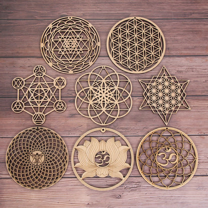 Chakra Flower of Life Natural Wood Coasters For Crystal Set