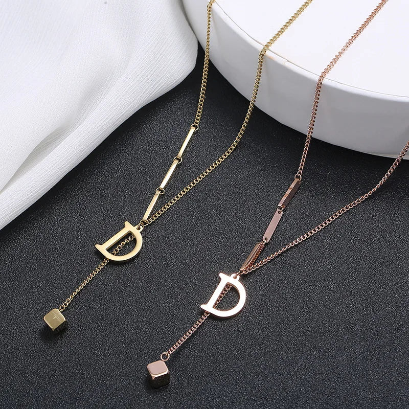 316L Stainless Steel Fashion Fine Jewelry Elegant Noble letter D Sexy Cube Tassel Charms Chain Choker Necklace Pendant For Women LUXLIFE BRANDS