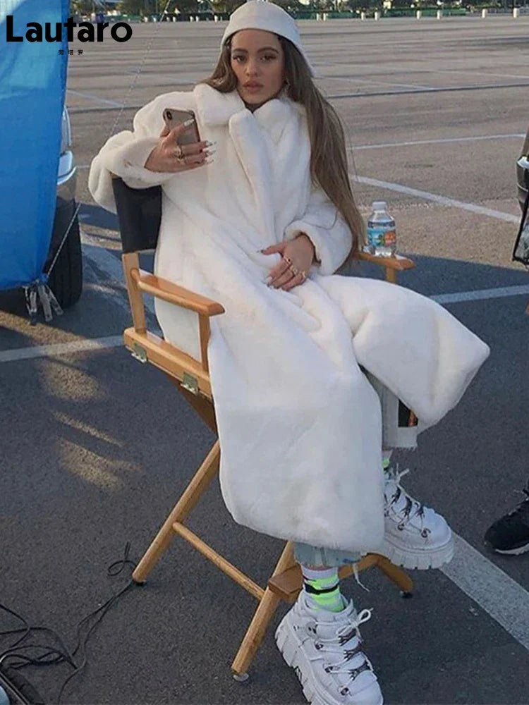 Lautaro Winter Long White Fluffy Warm Oversized Faux Fur Coat Women with Hood Lapel Sashes Loose Korean Fashion 2021 Outerwear LUXLIFE BRANDS