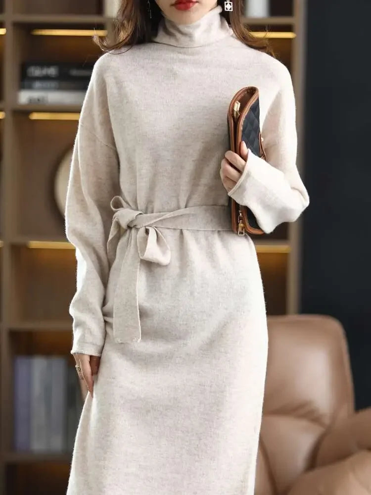 23 The new pullover 100% wool ladies dress solid color long-sleeved knitted fashion slim long high-neck cashmere dress sweater