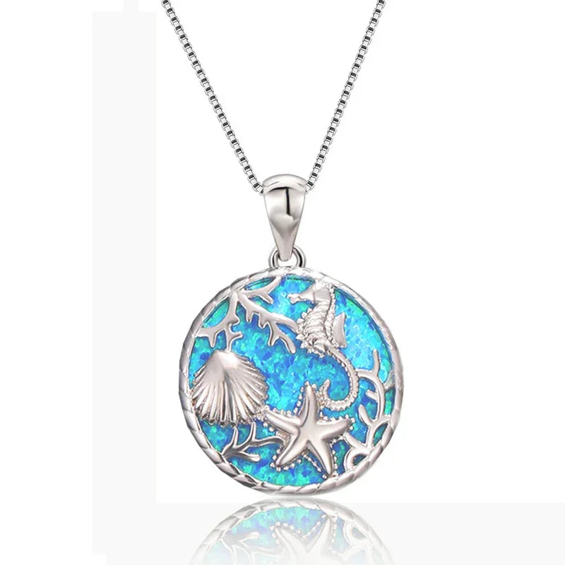 Boho Fashion Sea Animal Dolphin Pendant Necklace for Women Girl Inlay Imitation Blue Opal Necklace Wedding Party Jewelry