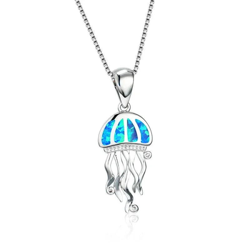 Boho Fashion Sea Animal Dolphin Pendant Necklace for Women Girl Inlay Imitation Blue Opal Necklace Wedding Party Jewelry