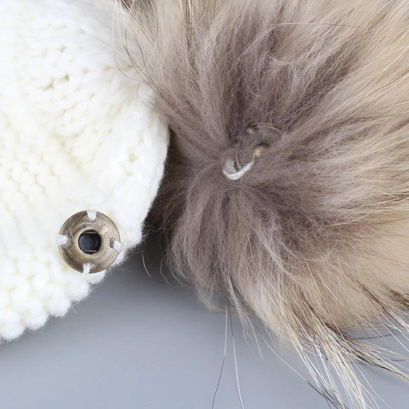 New Autumn Winter Baby Kids Beanie 15 CM Real Fur Pompom Hat For Children Warm Wool Knitted Earflap Cap LUXLIFE BRANDS