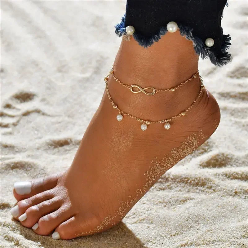 Boho Double Layer Anklets For Women Pearl Streaming Pendant Foot Chains 8 Shape Beach Bracelet Anklets Solar System Bracelet Luxlife Brands