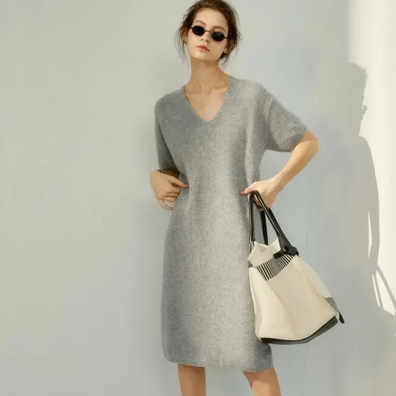European and American trend V-neck high-grade cashmere sweater women's short-sleeved wild loose long knitted jumper wool dress - LUXLIFE BRANDS