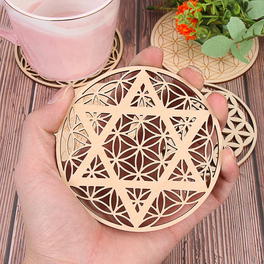 Chakra Flower of Life Natural Wood Coasters For Crystal Set Luxlife Brands