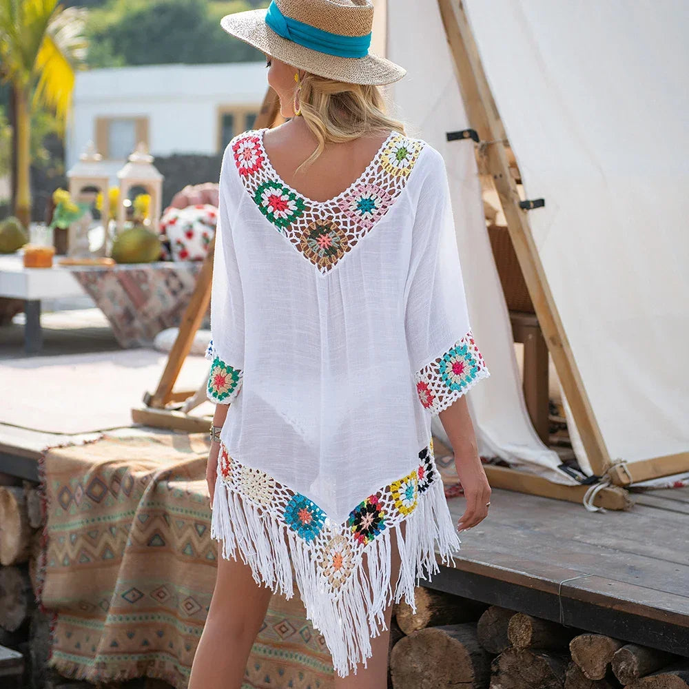 CROCHET BIKINI White Bikini Cover Up With Fringe Trim Women Sexy Hollow Tunic Beach Dress Summer Bathing Suit Beachwear LUXLIFE BRANDS