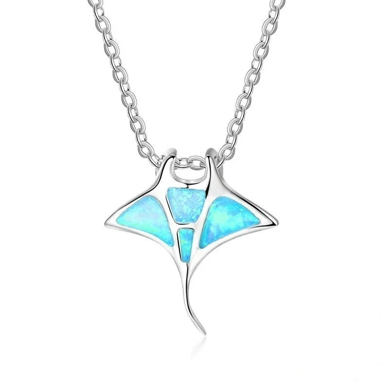 Boho Fashion Sea Animal Dolphin Pendant Necklace for Women Girl Inlay Imitation Blue Opal Necklace Wedding Party Jewelry