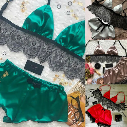 Women's Underwear Sexy Silk Satin Lingerie Pajamas Crop Tops Bralette&Panty Sets Soft Wear for Girls Tops Briefs Lace Suit LUXLIFE BRANDS