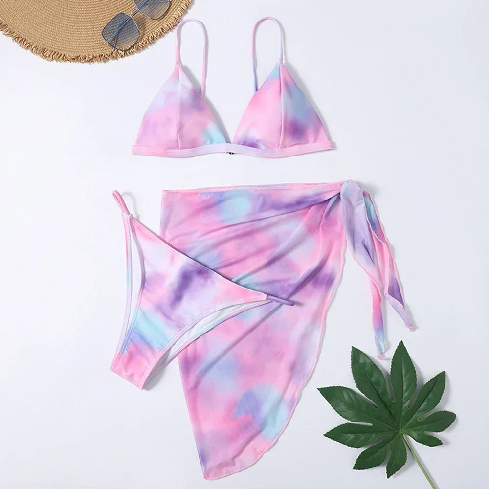 2025 New Sexy Three Pieces Bikini Set Tie-Dye Swimwear Women Swimsuit Female Bikini With Sarong Bathing Suit Beachwear Swim Lady