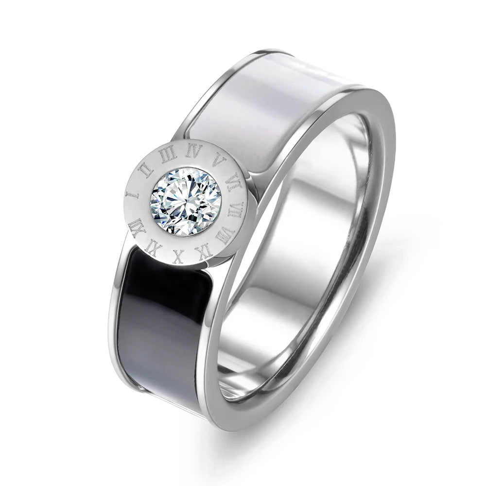 JeeMango Fashion Stainless Steel Fine Jewelry Cubic Zirconia Shell Roman Alphabet Bridal Wedding Rings For Women Jewelry JR17033 Luxlife Brands