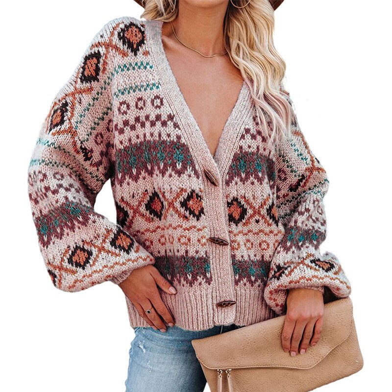TEELYNN Boho Ethnic Jumper Long Sleeve knitted Women Sweater Cardigan V Neck Long Sleeve Fall Autumn Winter Warm Coat Outwear