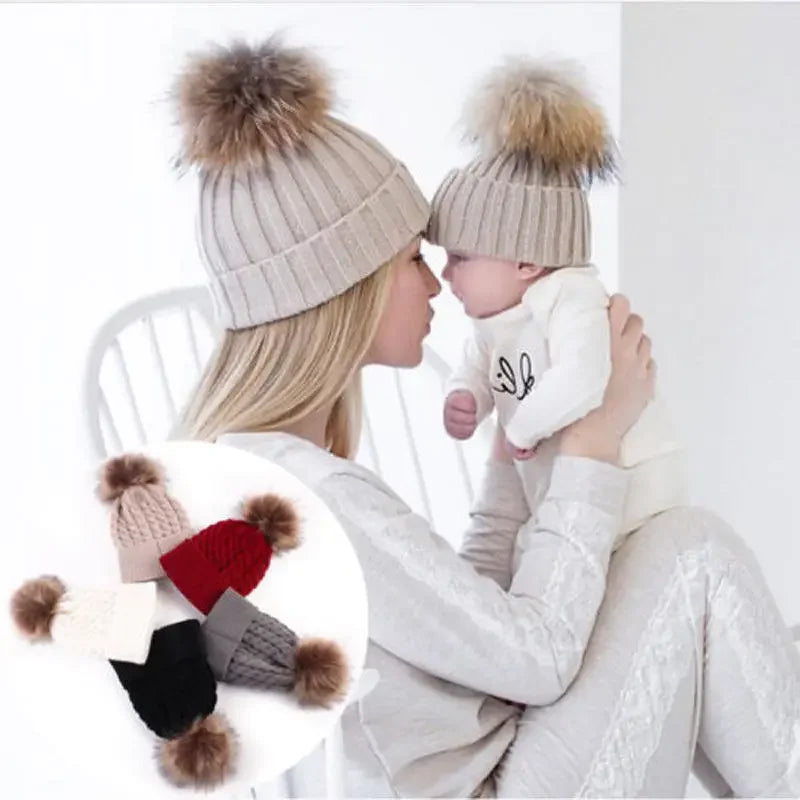 Winter Knit Mother & Child Beanie Pom Hat LUXLIFE BRANDS