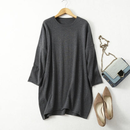 Women's 85% Silk 15% Cashmere Crew Neck Long Loose Type Pullover Top Sweater Dress LY001