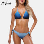 Anfilia Women's Bikini Set Gradient Swimwear Halter Swimsuit Side Bandage Bathing Suit Beachwear Sexy Bikini Luxlife Brands