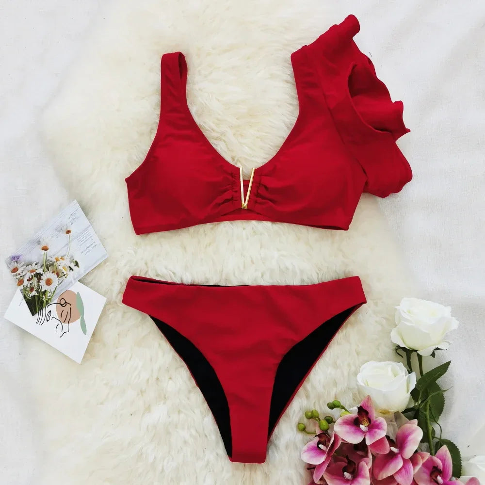 2024 Sexy Bikini Set Women High Waist Classic Off Solid Ruffle Sleeves Swimwear Red Separate Deep V Swimsuit Vintage Beach Set