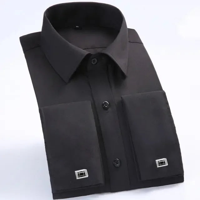 Men&#39;s Classic French Cuffs Striped Dress Shirt Single Patch Pocket Standard-fit Long Sleeve Wedding Shirts Cufflink Included