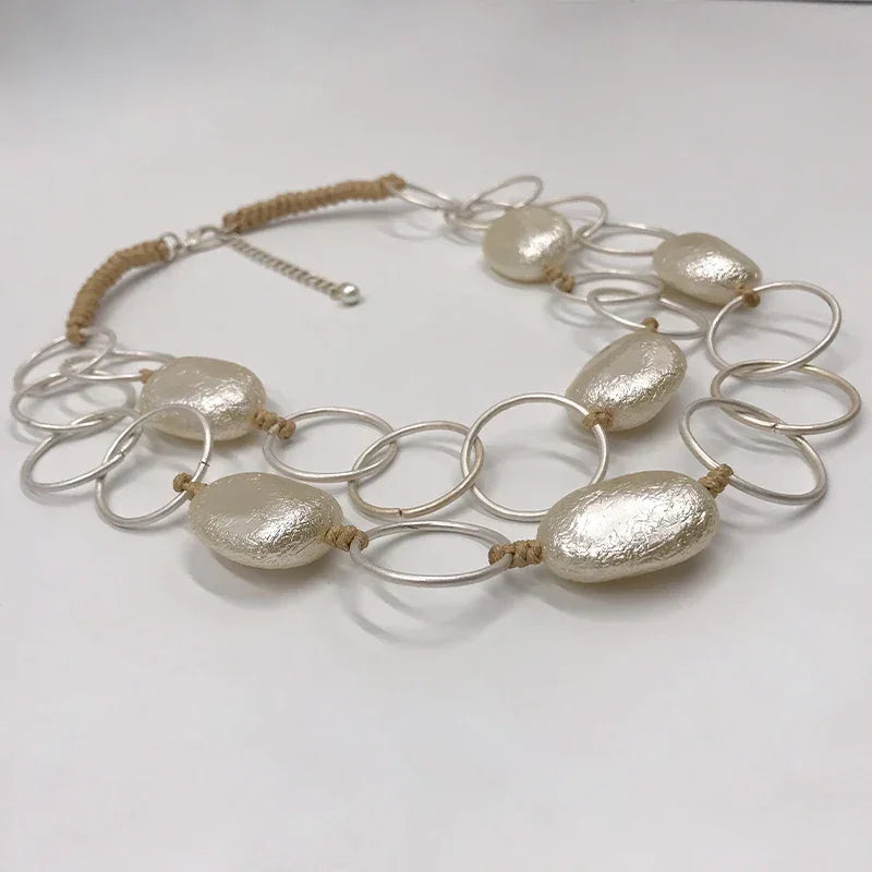 Suekees Boho Fashion Jewelry Gothic Collar Necklace Wax Cord Metal Link Pearl Beads Earthy Collares Necklace Women Accessories