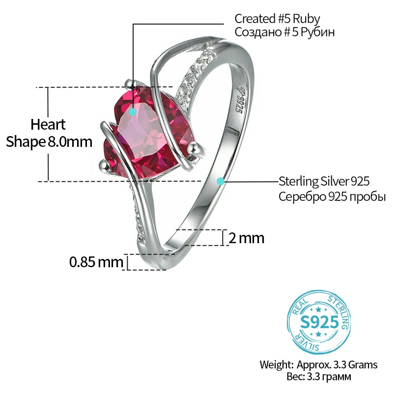 ATTAGEMS Heart Shape Ruby 925 Sterling Silver Ring 2.5 Carats Women Love Ring for Party Wedding and Engagement Romantic Gift