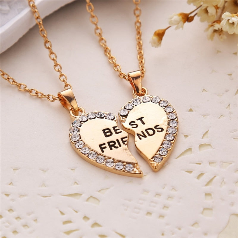 Unisex 2 Pcs BFF Necklace Women Crystal Heart Pendant Best Friend Letter Necklace Fashion Couple Necklace Men Friendship Jewelry