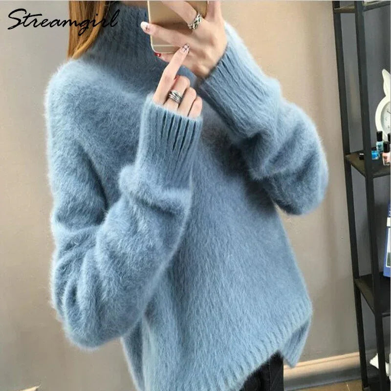 Thick Sweater Women Warm White Turtleneck Fluffy Women's Jumper