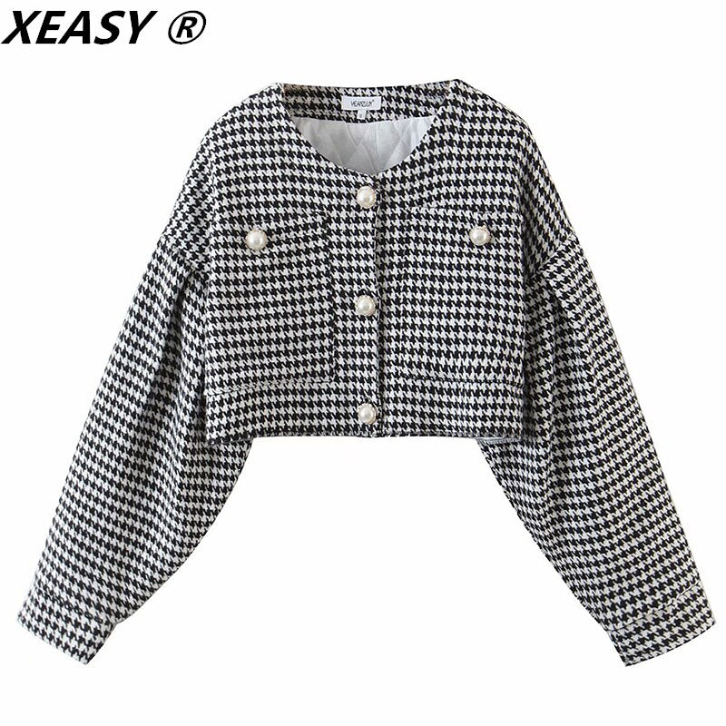 XEASY 2021 Women Vintage Pearl Button Check Gingham Plaid Tweed Blazer Female High Waist A-Line Mini Short Skirts Suit 2 Set