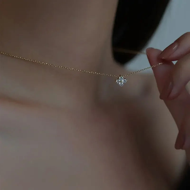 WOOZU 925 Sterling Silver French Cute Four-Leaf Flower Pendant Necklaces For Women Luxury Clavicle Chain 14k Gold Plated Jewelry